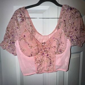 Floral Embroidered Pink Crop Top